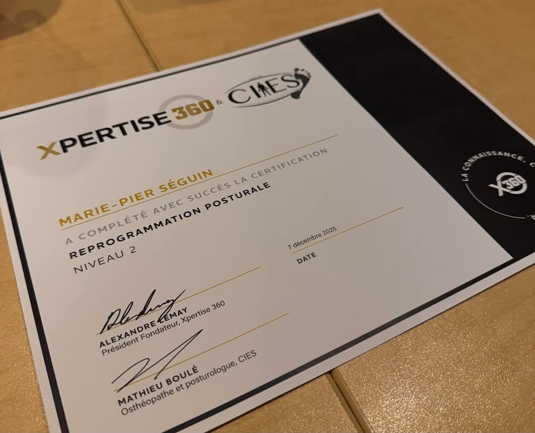 Certificat Xpertise 360 / CIES — MariePier Séguin — Certification Reprogrammation Posturale Niveau 2 (7 décembre 2025)